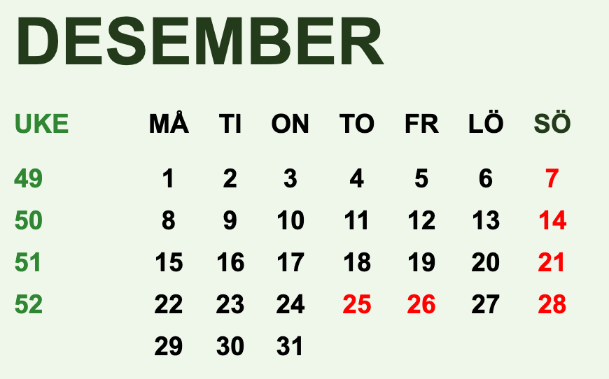 Norsk kalender for 2025 med ukenummer og helligdager 🇳🇴