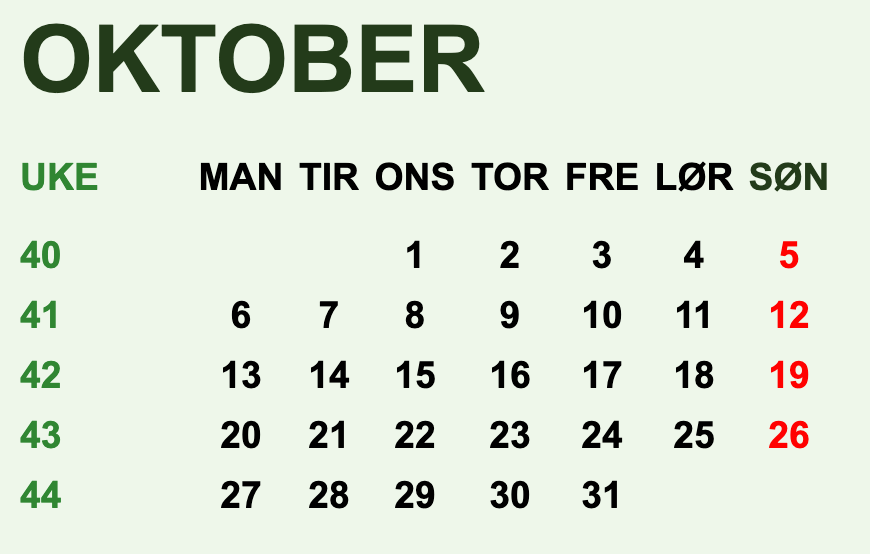 Ukekalender for oktober 2025 med ukenummer og helligdager